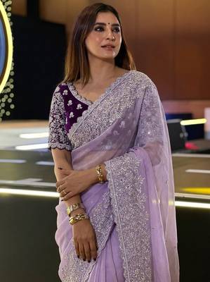 Premium Lavender Embroidery Saree 3