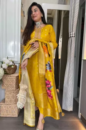  yellow embroidered viscose organza jacquard kurta pant set with printed dupatta
