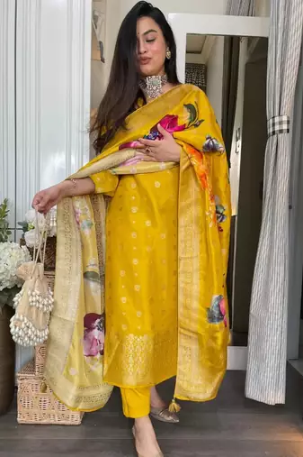  yellow embroidered viscose organza jacquard kurta pant set with printed dupatta