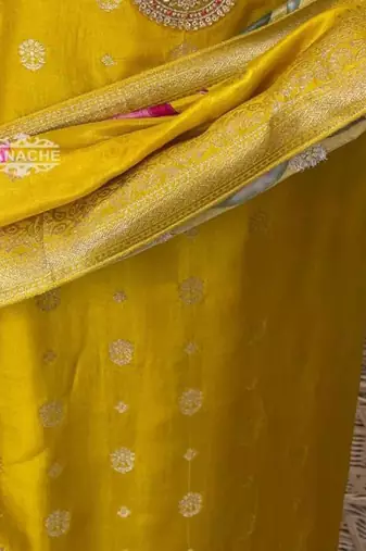  yellow embroidered viscose organza jacquard kurta pant set with printed dupatta
