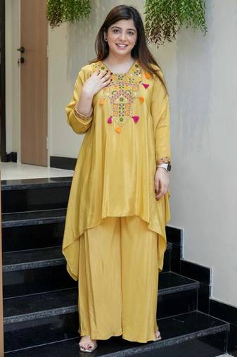 Mustard yellow embroidered french crepe co-ord set