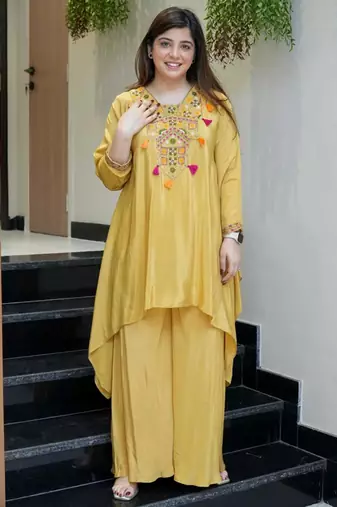 Mustard yellow embroidered french crepe co-ord set