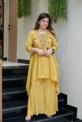 Mustard yellow embroidered french crepe co-ord set 3