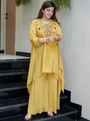 Mustard yellow embroidered french crepe co-ord set 4