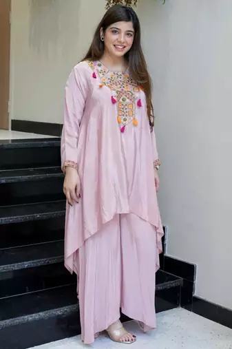 Baby pink embroidered french crepe co-ord set