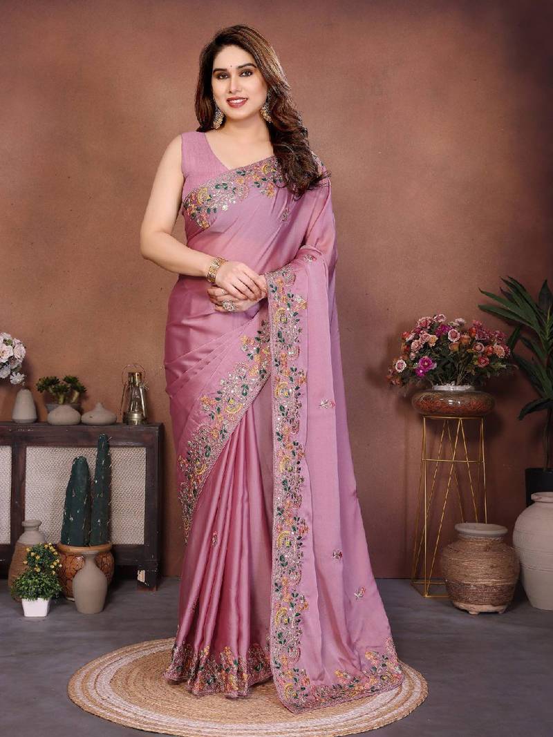 Women’s Premium Mauve Pink Embroidered Saree