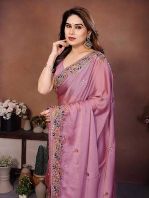 Women’s Premium Mauve Pink Embroidered Saree 2