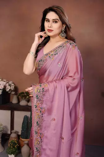 Women’s Premium Mauve Pink Embroidered Saree