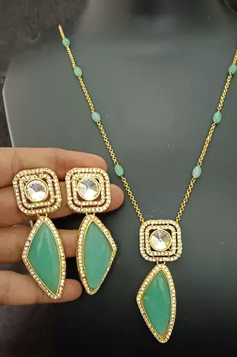 Mint green moissanite necklace cz gold plated chain jewellery set