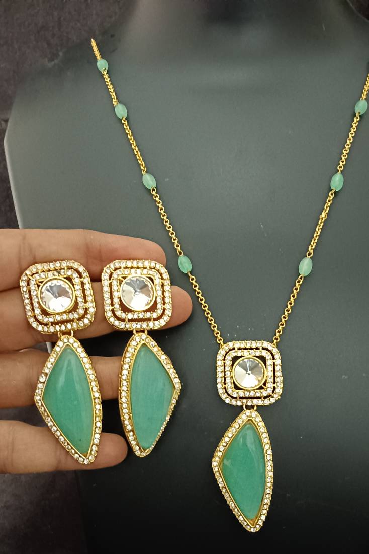 Mint green moissanite necklace cz gold plated chain jewellery set