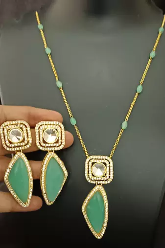 Mint green moissanite necklace cz gold plated chain jewellery set
