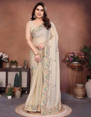 Women’s Cream Embroidered Saree 1
