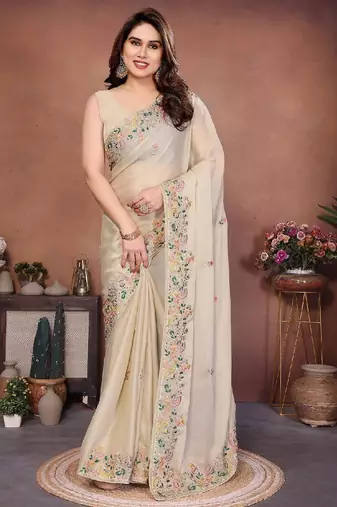 Women’s Cream Embroidered Saree