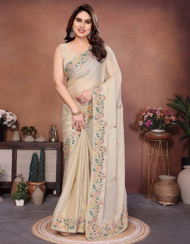 Women’s Cream Embroidered Saree