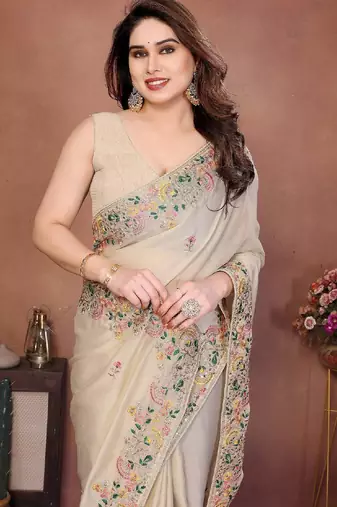 Women’s Cream Embroidered Saree