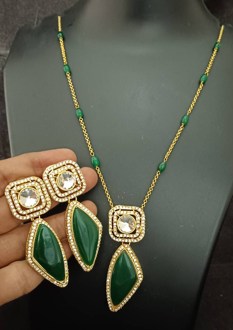 Emerald green moissanite necklace cz gold plated chain jewellery set