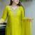 Lime green viscose chanderi embroidered kurta pant set with organza dupatta