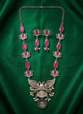 Statement oxidized silver gandaberunda & lotus long necklace set with pink stones 3
