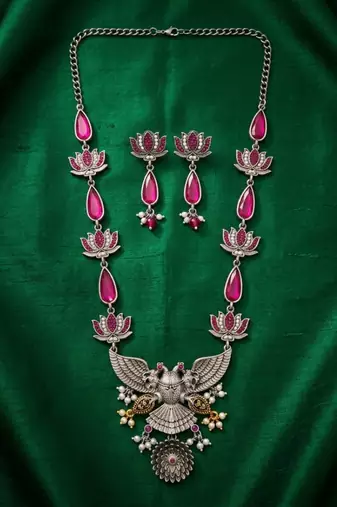 Statement oxidized silver gandaberunda & lotus long necklace set with pink stones