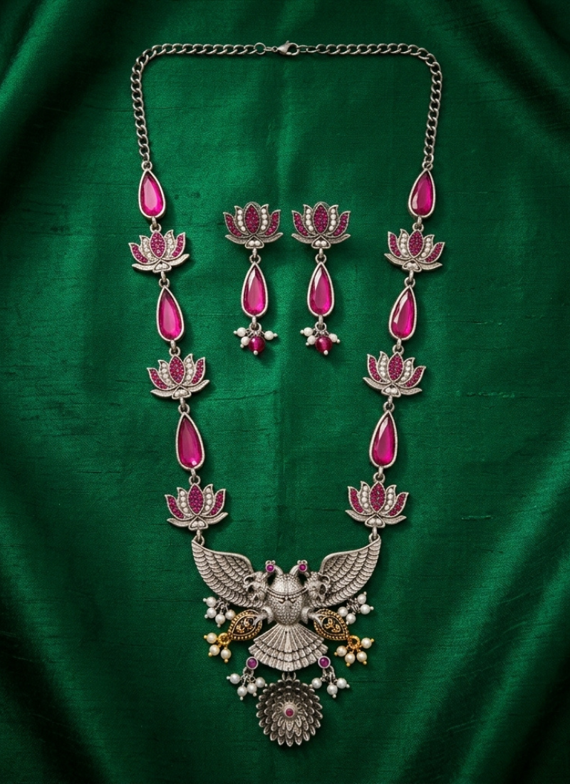Statement oxidized silver gandaberunda & lotus long necklace set with pink stones