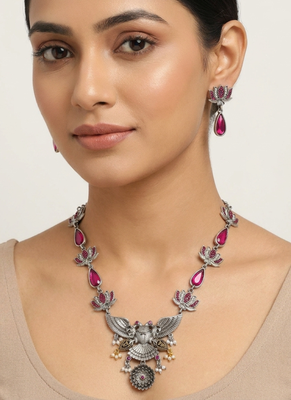 Statement oxidized silver gandaberunda & lotus long necklace set with pink stones 1
