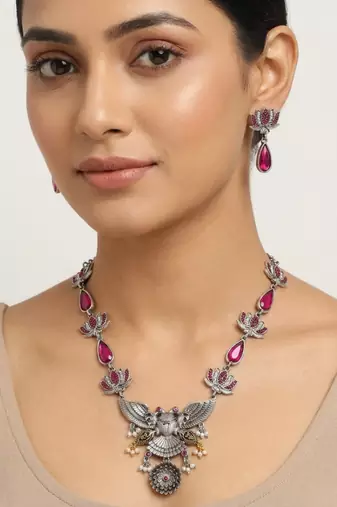 Statement oxidized silver gandaberunda & lotus long necklace set with pink stones