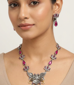 Statement oxidized silver gandaberunda & lotus long necklace set with pink stones