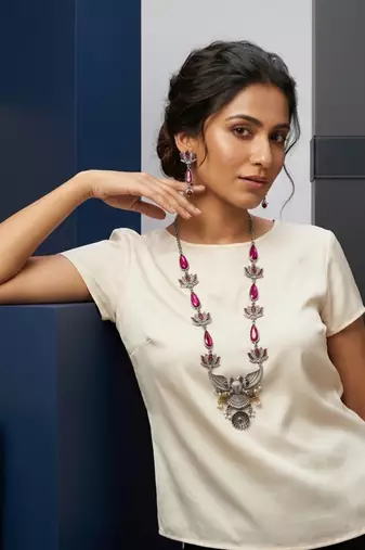 Statement oxidized silver gandaberunda & lotus long necklace set with pink stones