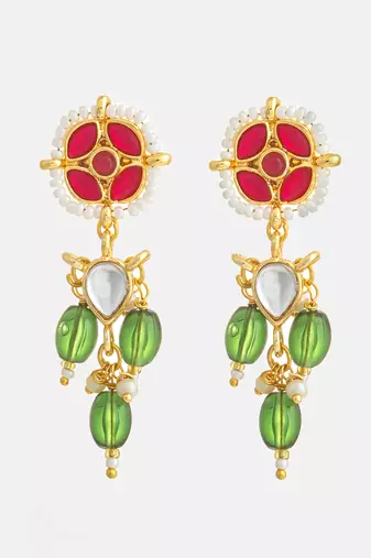 red green kundan drop earrings