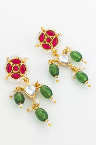 red green kundan drop earrings