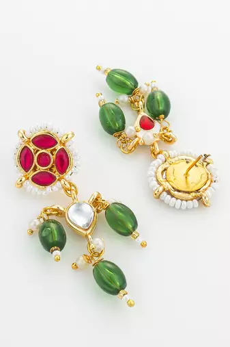 red green kundan drop earrings