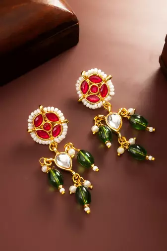 red green kundan drop earrings