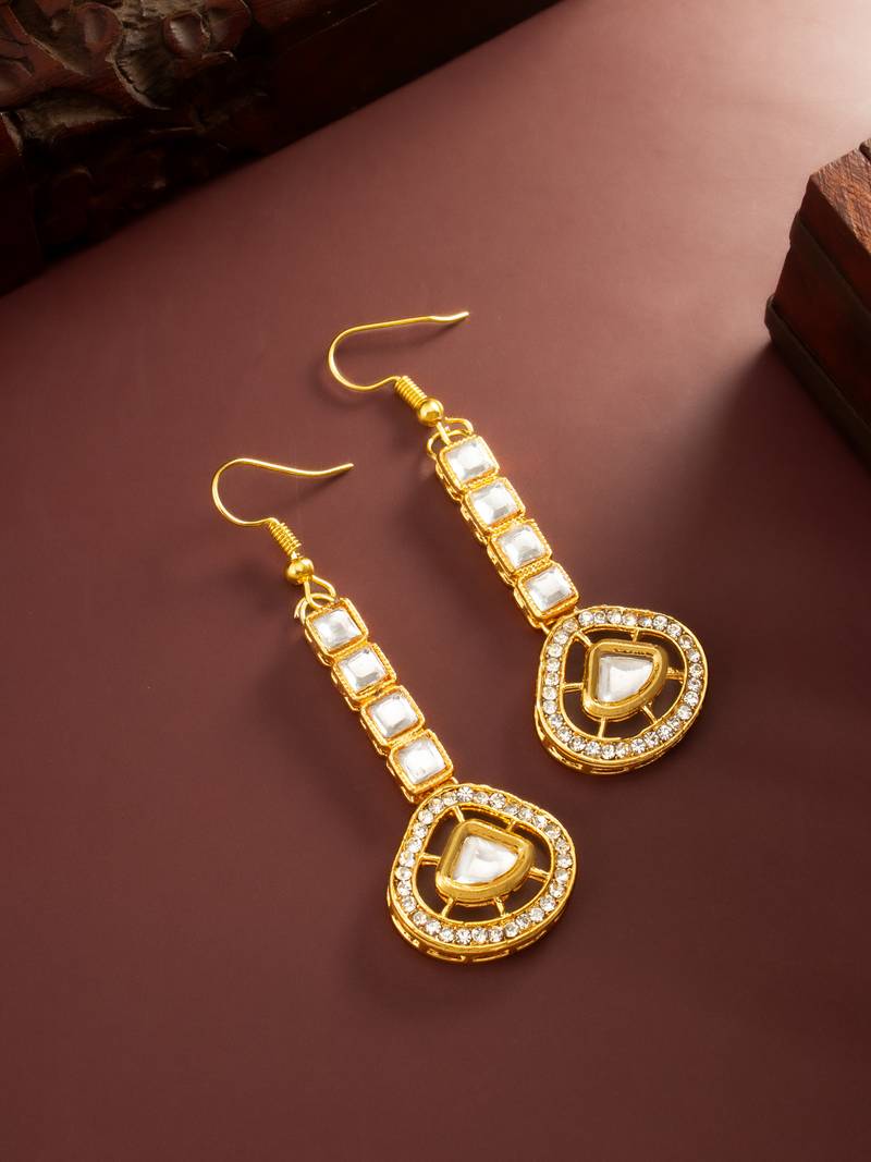 gold plated kundan square drop earrings