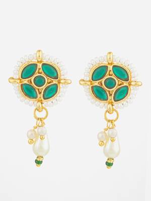 gold plated green stone pearl drop earrings 1