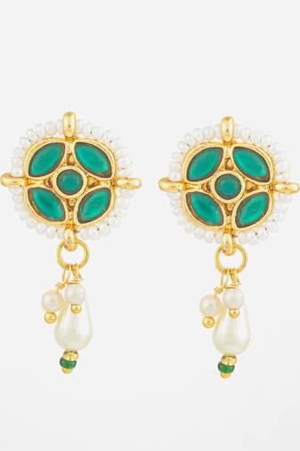 gold plated green stone pearl drop earrings