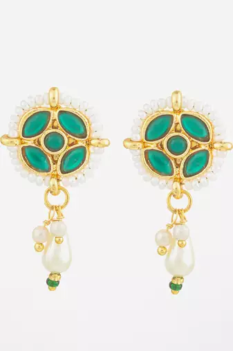gold plated green stone pearl drop earrings