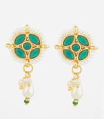 gold plated green stone pearl drop earrings