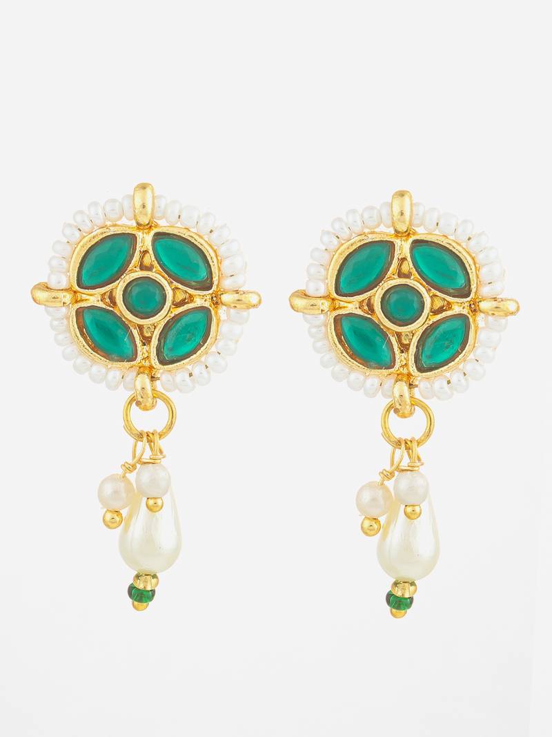 gold plated green stone pearl drop earrings
