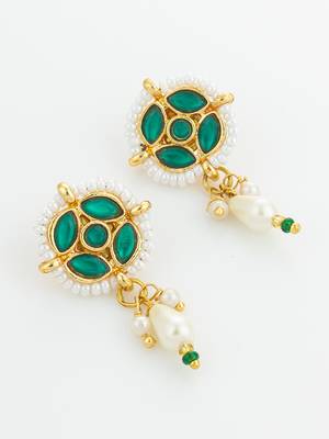 gold plated green stone pearl drop earrings 2
