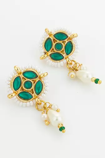 gold plated green stone pearl drop earrings