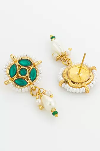gold plated green stone pearl drop earrings