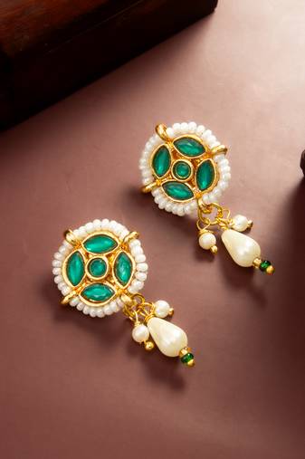 gold plated green stone pearl drop earrings