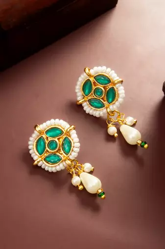 gold plated green stone pearl drop earrings