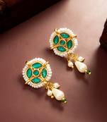 gold plated green stone pearl drop earrings