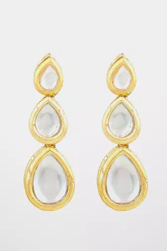 gold plated triple teardrop kundan earrings