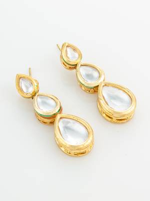 gold plated triple teardrop kundan earrings 3