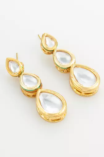 gold plated triple teardrop kundan earrings