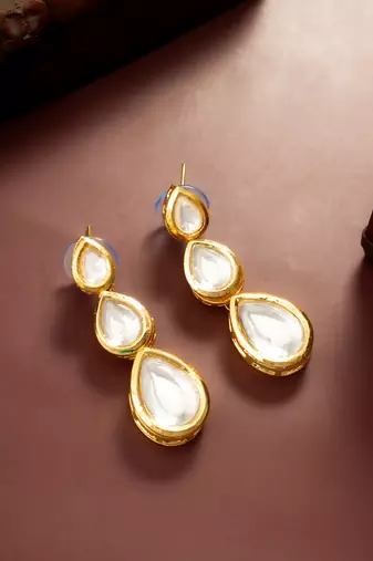 gold plated triple teardrop kundan earrings
