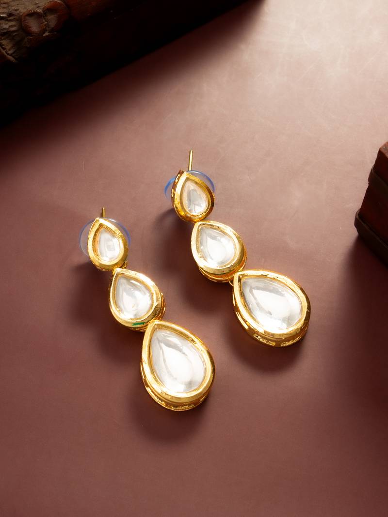 gold plated triple teardrop kundan earrings