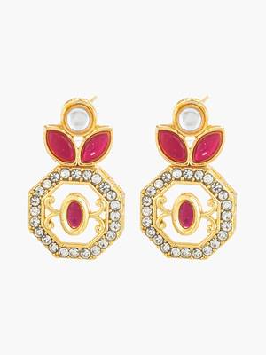 gold plated geometric octagon red stone earrings 2